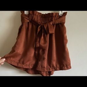 Brown Satin-like Front Tie Shorts